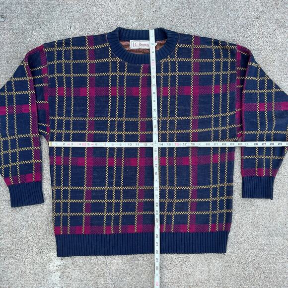 Vintage 90s Grandpa Sweater Grid Pattern Cotton J.G. Brown | Size XL - Picture 4 of 5